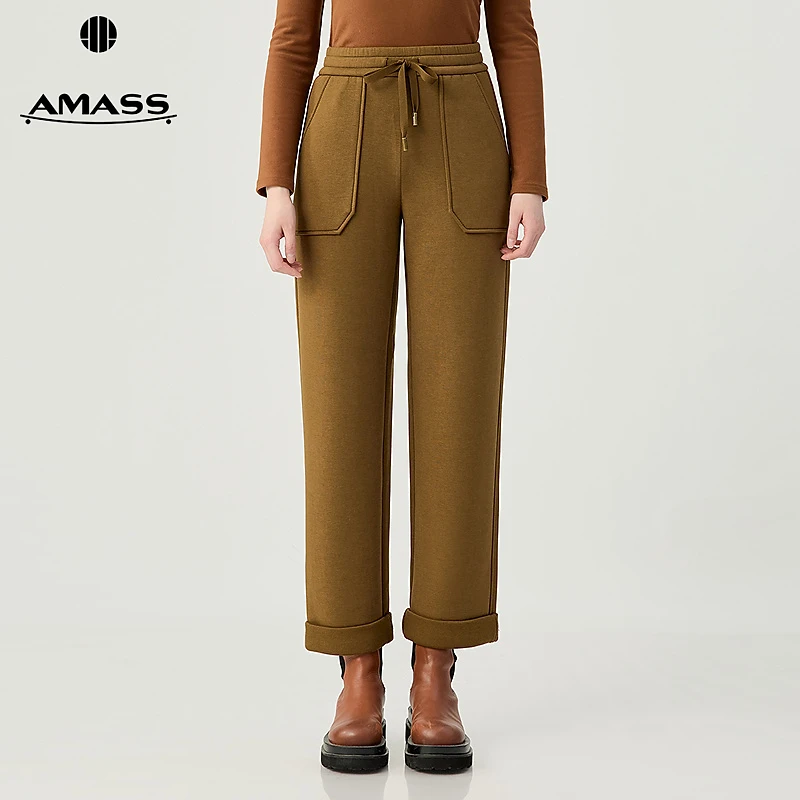阿玛施AMASS新款简约休闲舒适随性翻边裤脚抽绳松紧腰长裤510015