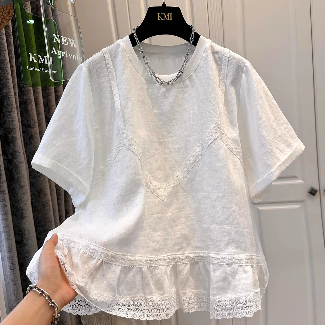 超好看圆领拼接蕾丝木耳边麻料卷边短袖T恤女白色上衣减龄夏爆款
