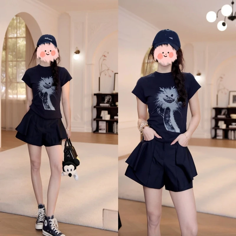 洋气衣服女2025夏季新款卡通抽象小龙短袖T恤显瘦裙裤气质套装