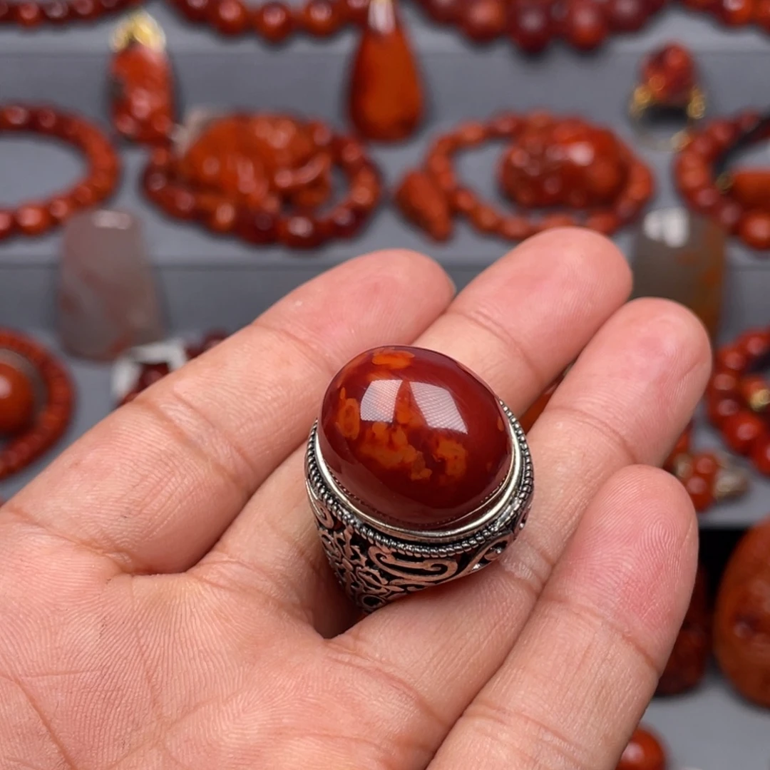 南红玛瑙银S925镶嵌珠宝奇石戒指