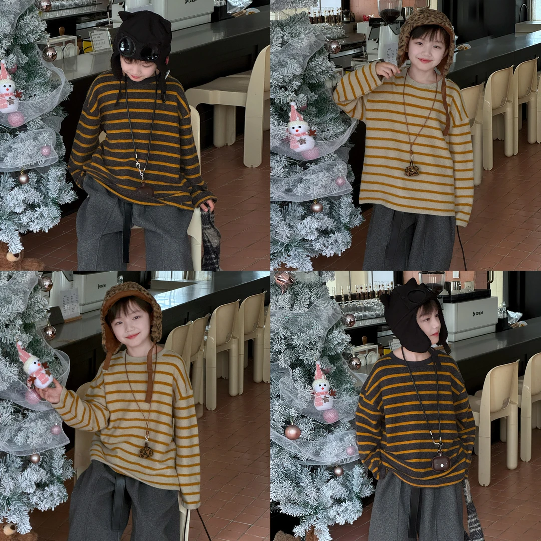 FD5010男童冬款韩版条纹中大童T恤兔毛绒加厚保暖儿童打底衫潮