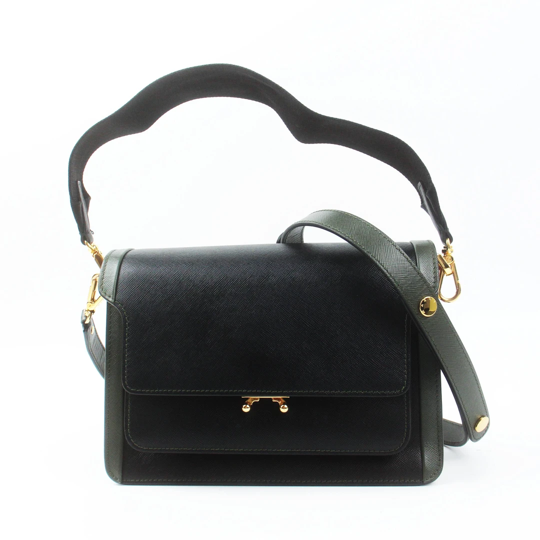 95新 MARNI 76521B墨绿色Trunk风琴包单肩斜挎包