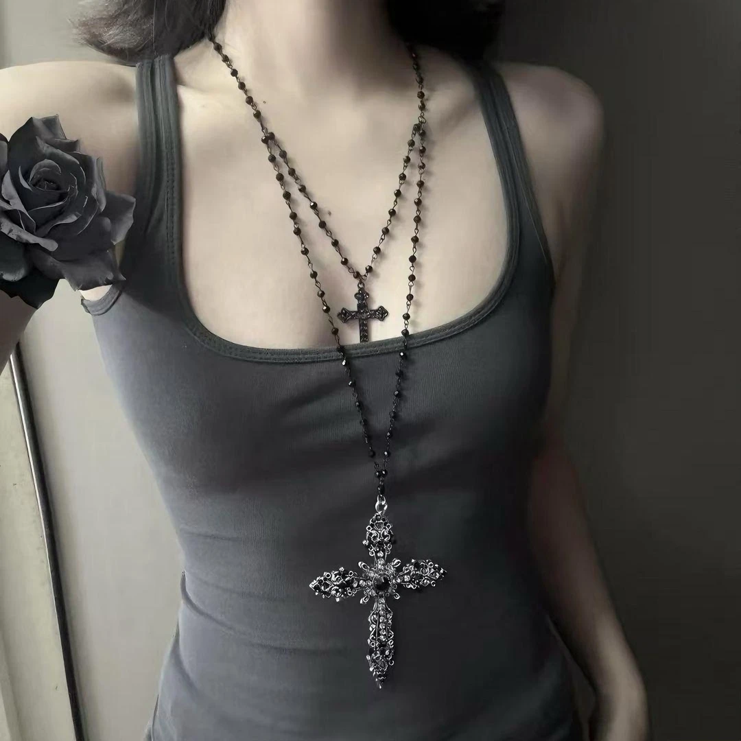 铜合金项链 暗黑哥特y2k重工双层十字架串珠项链女款小众设计长款
