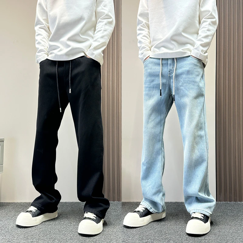 美式复古浅蓝色水洗cleanfit牛仔裤男款秋冬加绒微喇显瘦直筒长裤