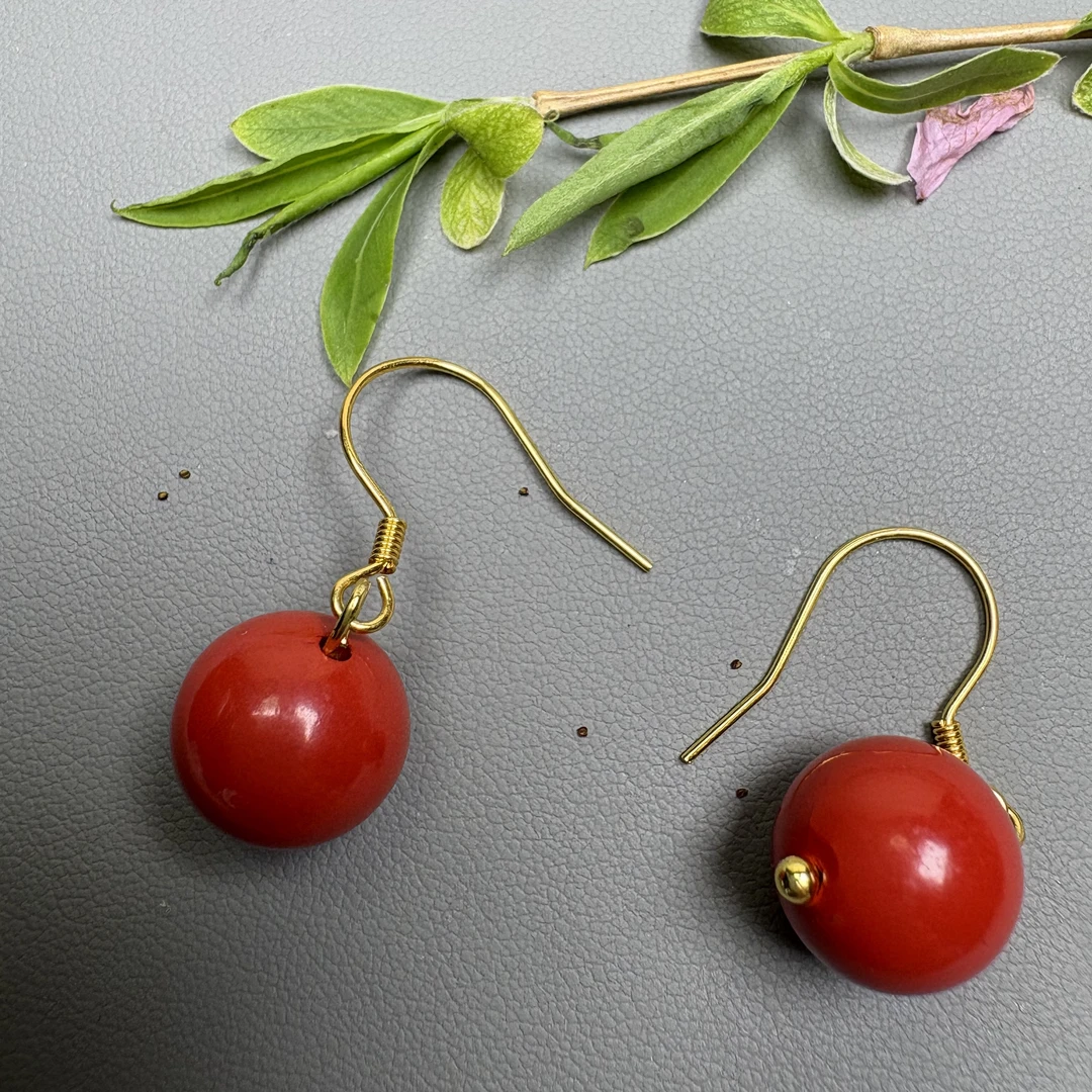 含辰砂工艺品【老张朱砂阁】朱砂水飞砂素圆珠耳钩124