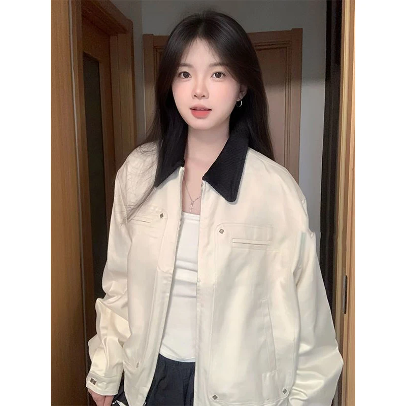 复古翻领撞色棒球服外套女2025秋季新款学院风宽松长袖夹克上衣潮