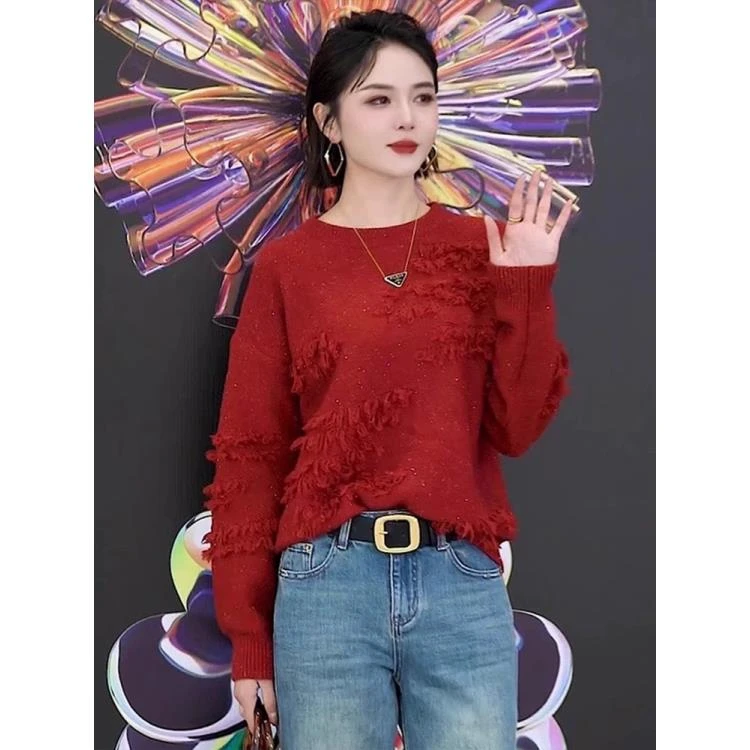 新款红色毛衫毛衣女秋冬宽松慵懒风设计感洋气2025长袖衫ins上衣