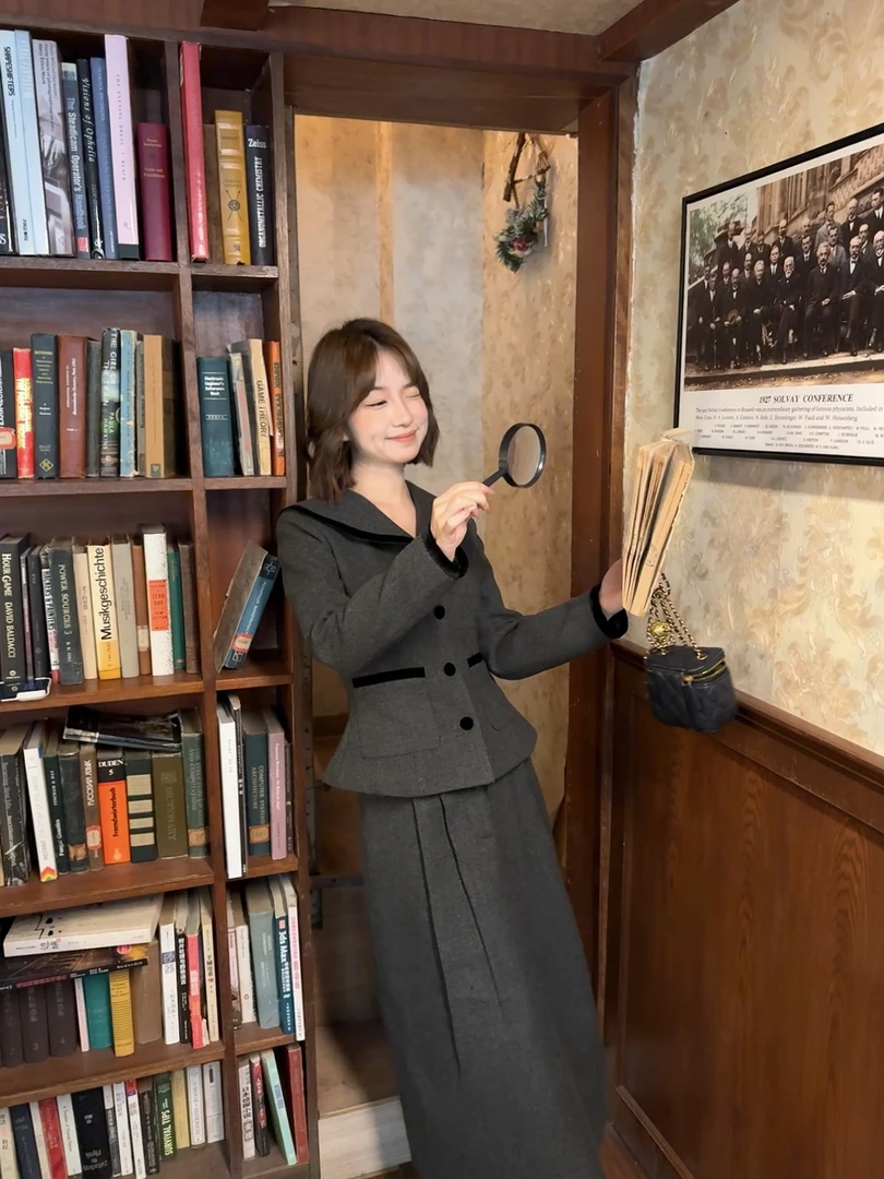 瞌睡兔定制【典雅灰韵】秋冬复古气质修身显瘦收腰小香风时尚套装