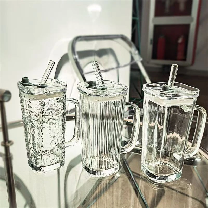 ins简约带把条纹吸管高颜值咖啡杯牛奶水杯饮料家用带盖玻璃杯