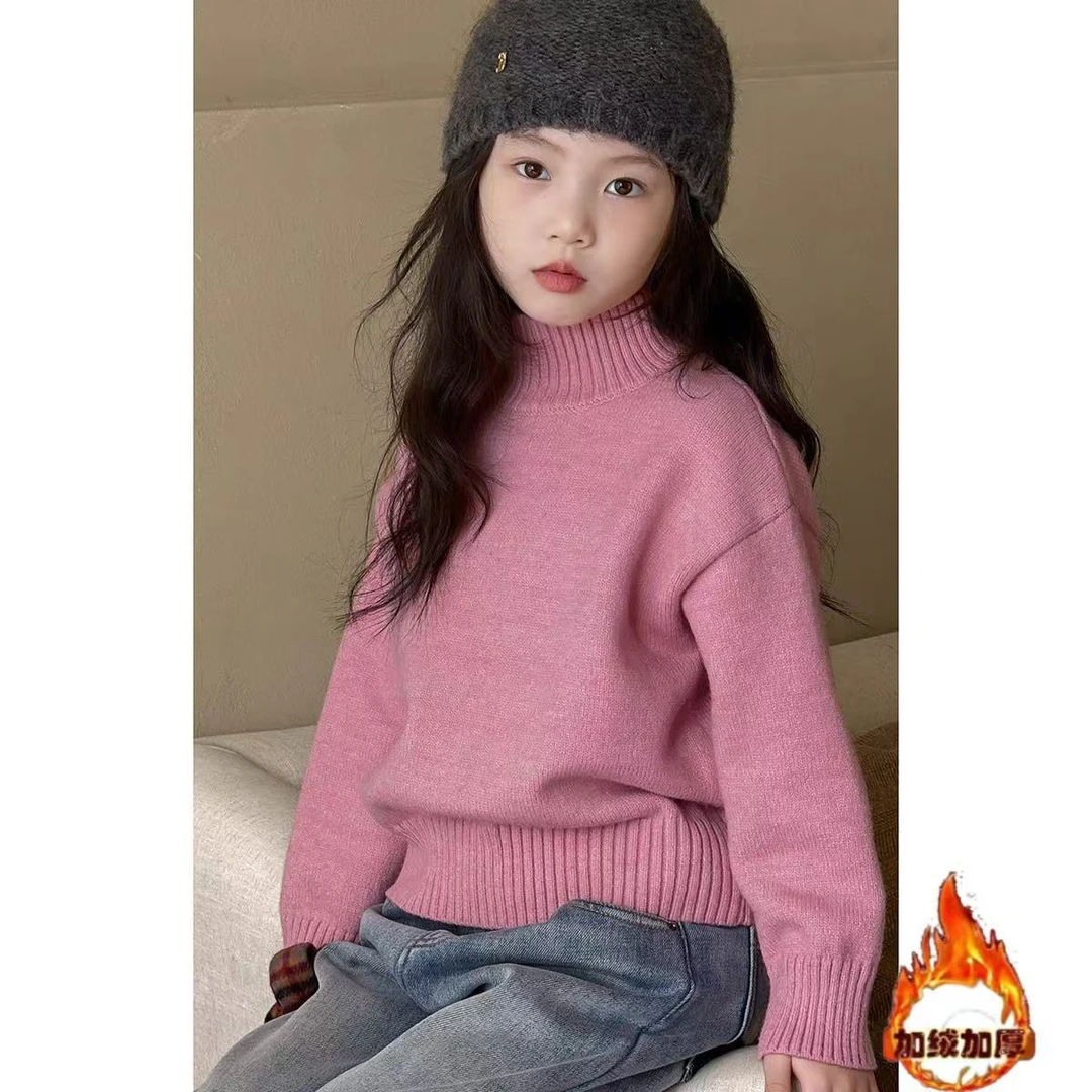 新款2025针织衫女童毛衣中大童半高领加绒加厚冬季保暖儿童打底衫