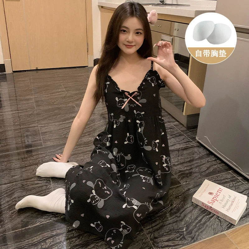 夏季卡通薄款带胸垫吊带睡裙女2025年新款休闲可爱夏天睡衣家居服