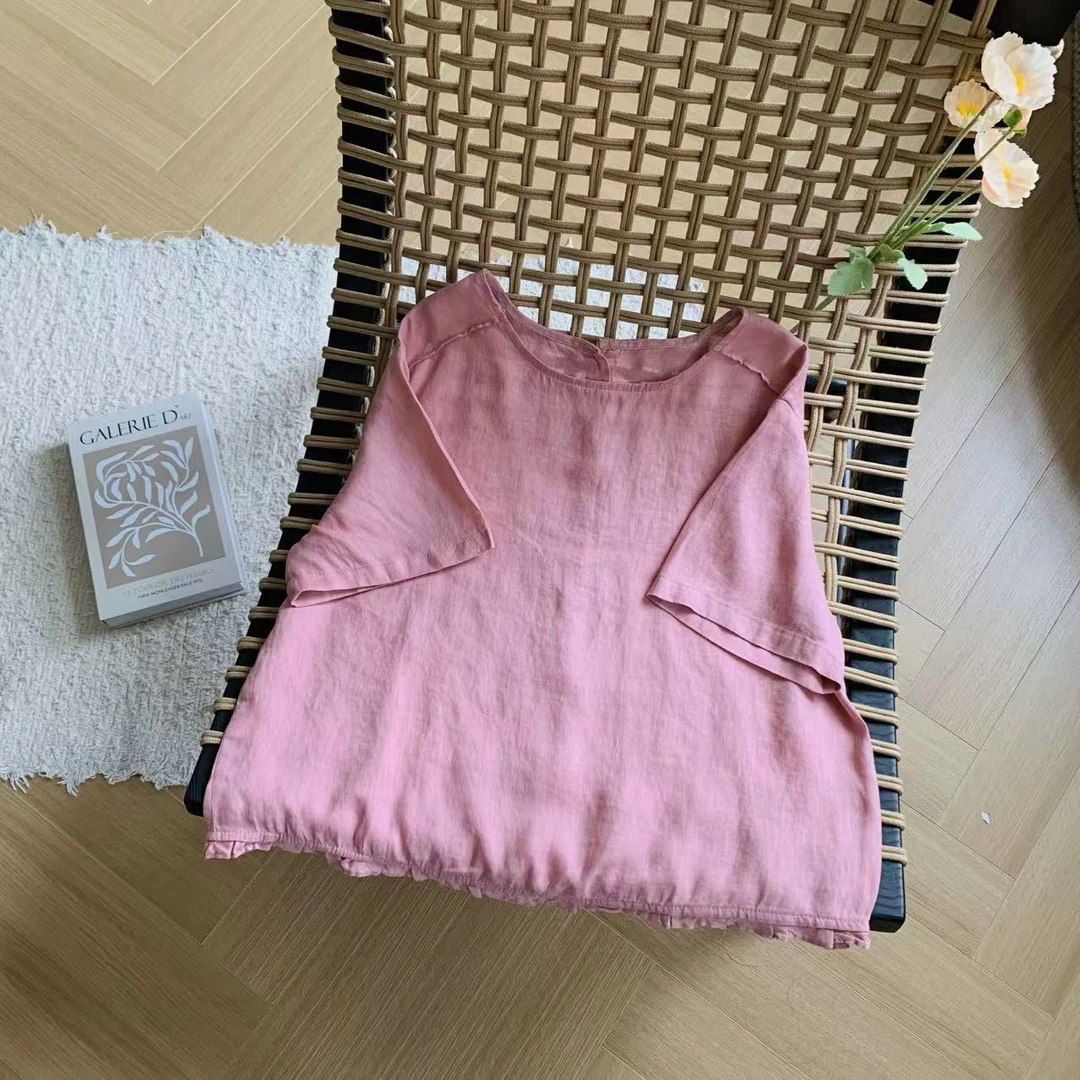 素心轻奢2025夏季新款汉麻前后两穿圆领套头文艺纯色木耳边小衫女