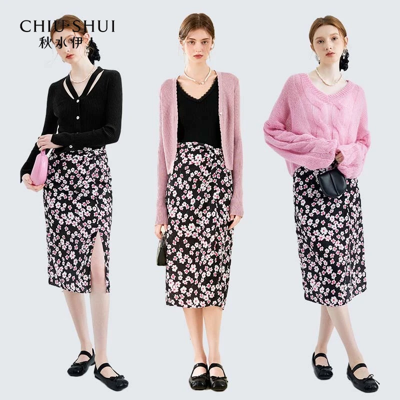 【直播】秋水伊人碎花雪纺直筒半身裙季女优雅开叉624102D090272