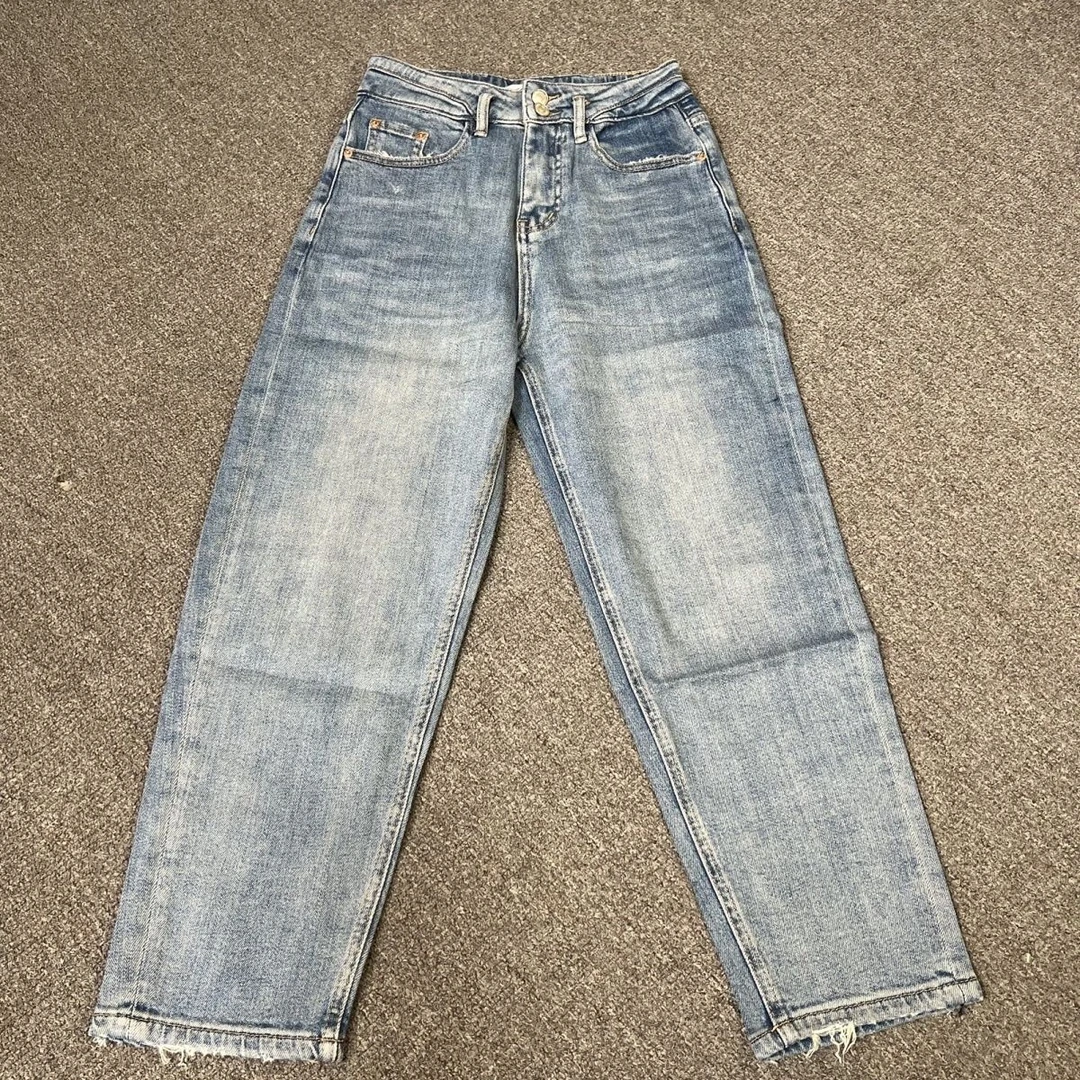 1556撤柜美式水洗直筒牛仔裤裤子高腰刺绣设计宽松浅色拖地