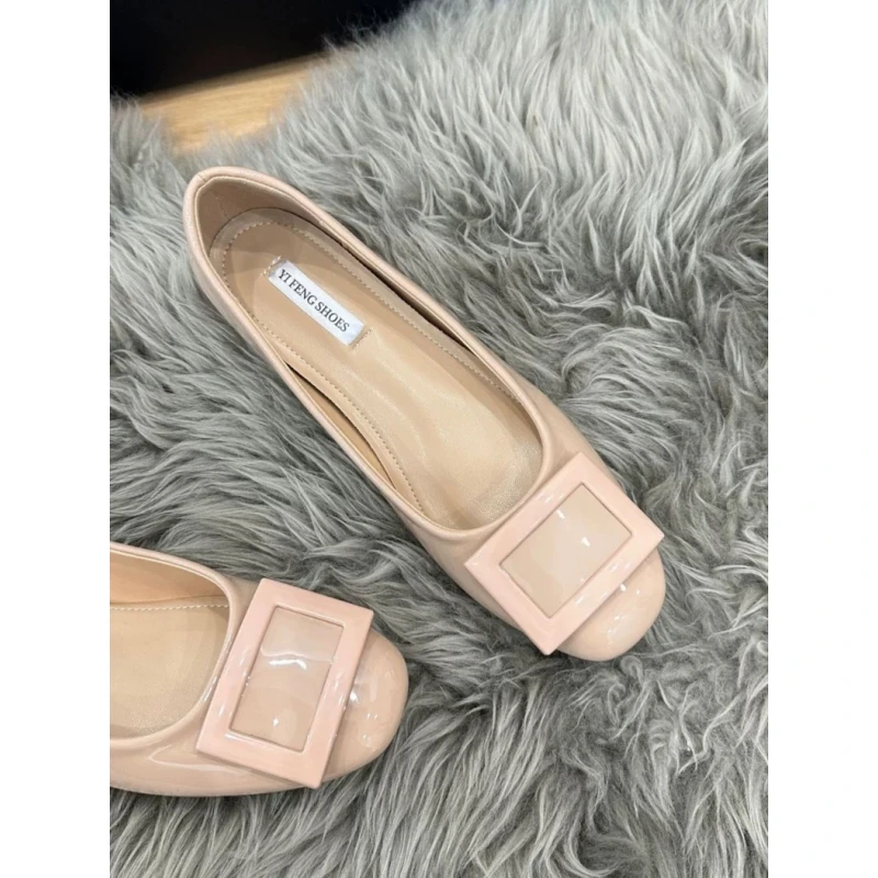 羊皮版～小个子增高5cm女鞋浅口方扣单鞋夏季软皮裸色圆头高跟鞋