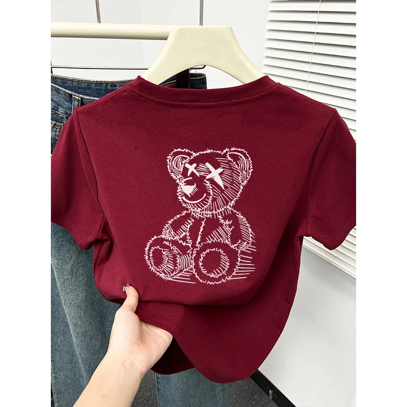 酒红色小熊印花百搭圆领正肩短袖t恤女装韩版设计感小众别致上衣