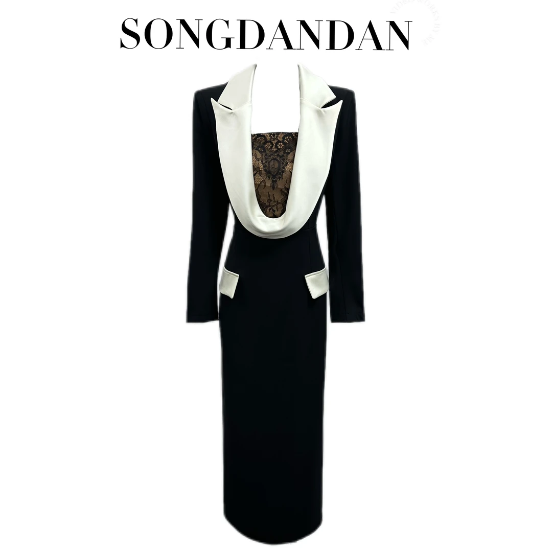 【DDS】春季新款气质百搭时尚轻奢撞色蕾丝显瘦修身网红连衣裙黑色