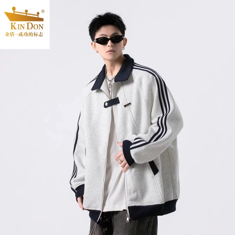 宽松条纹百搭男秋冬美式夹克休闲情侣学院风男拼接外套男