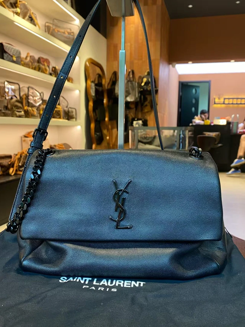 95新 YSL/圣罗兰 大力中古/颗粒纹牛皮 黑链条logo 单肩包