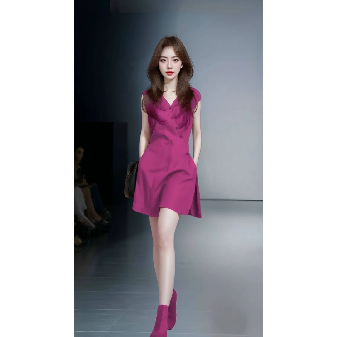 玫红色V领收腰无袖连衣裙女夏季2025年冷淡系大方得体的裙子