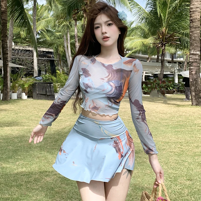 高级性感保守长袖防晒遮肚显瘦聚拢裙式分体比基尼泳衣碎花泳装