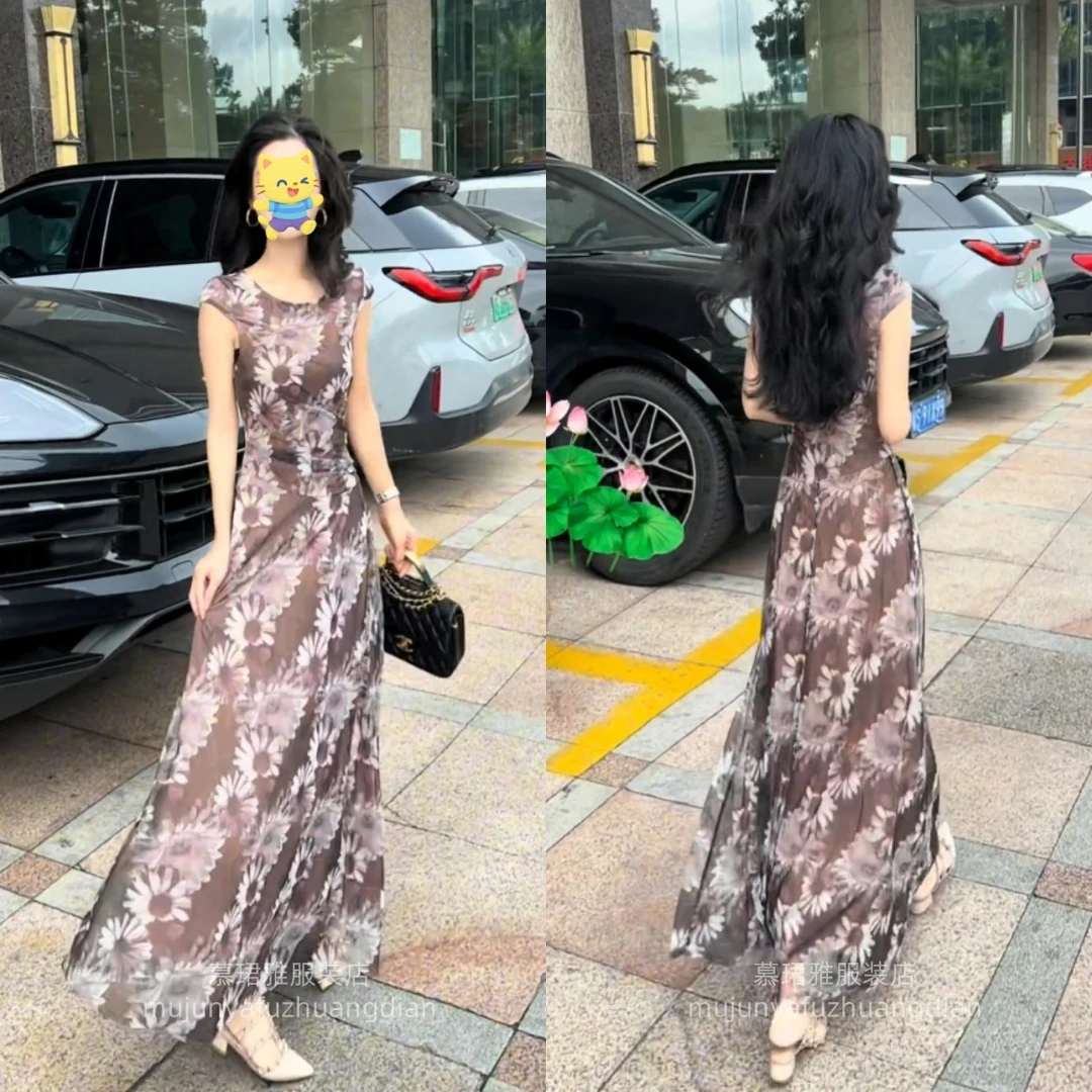 2025夏季网红新款时尚连衣裙女高级感女人味洋气印花收腰显瘦长裙