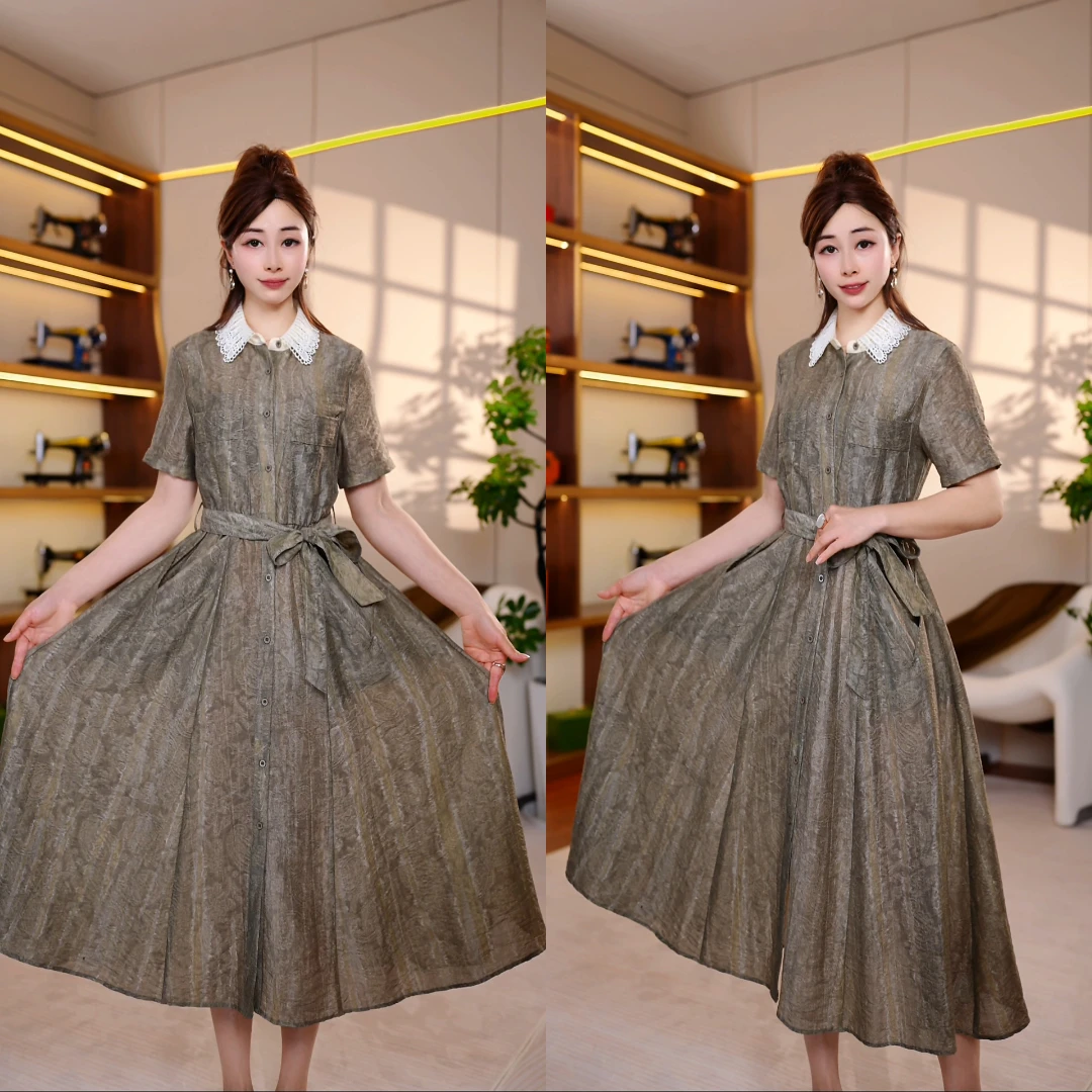 2025夏季新款时尚优雅气质收腰显瘦大裙摆A字裙透气连衣裙
