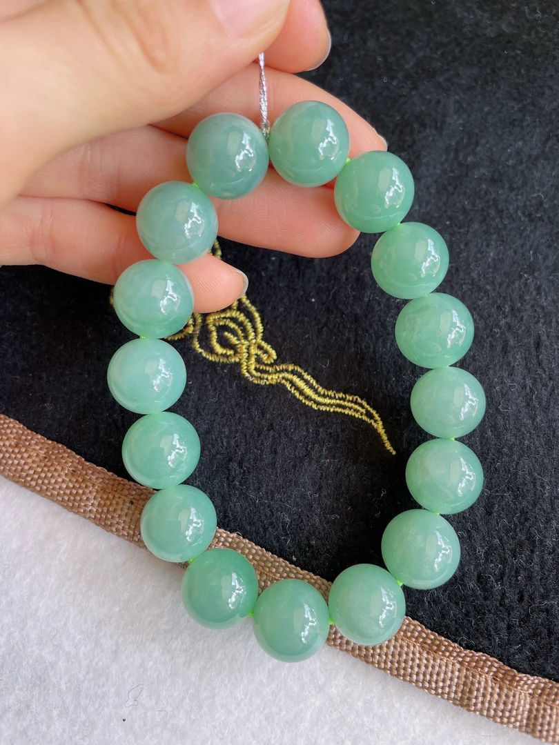 天然翡翠A货冰润满绿满色浅绿圆珠手串手链卡12.5mm-2397缅甸玉石