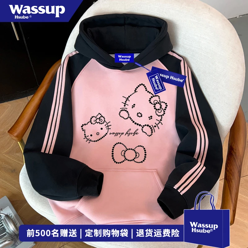 WASSUP HSUBE新款趣味卡通印花连帽卫衣男女休闲百搭拼接套头上衣