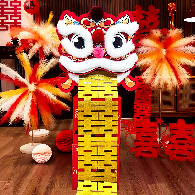婚房布置婚礼喜庆单狮子头拍照传统新娘晨袍装饰道具醒狮创意摆件