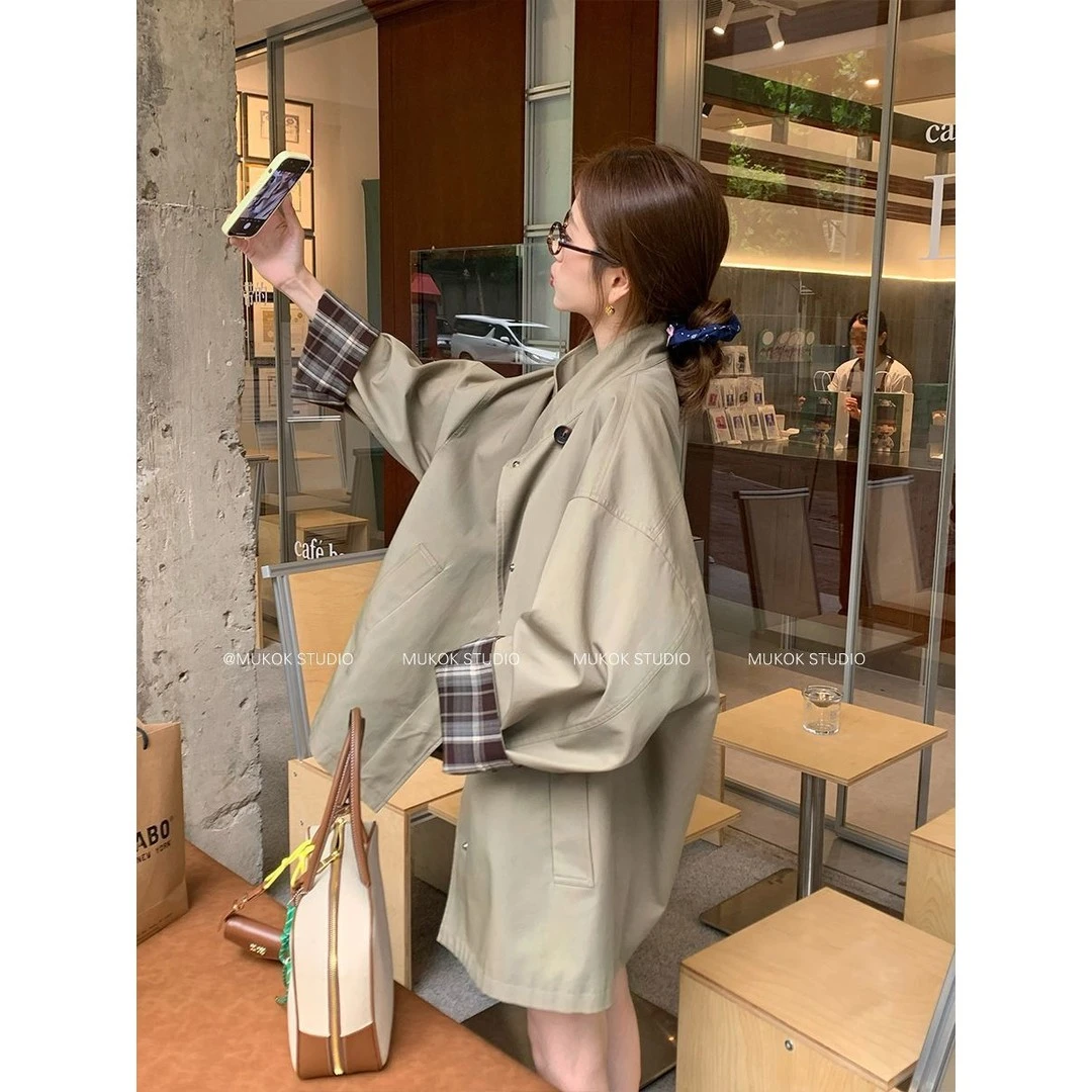 2025春秋新款设计感撞色中长款风衣外套女英伦风显瘦宽松洋气时尚