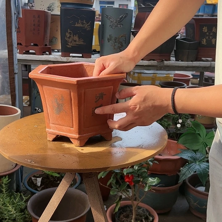 宜兴紫砂花盆25红清雅六方