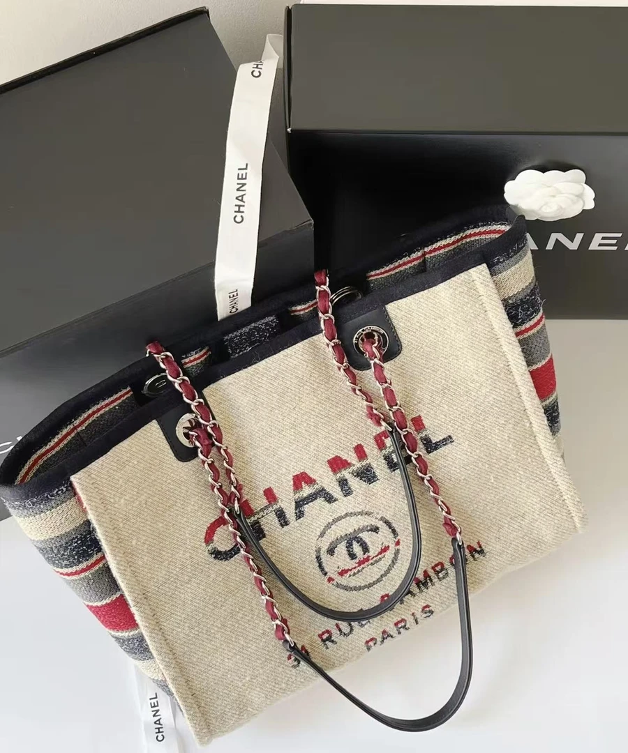 95新 Chanel/香奈儿 米色拼条纹沙滩包 38cm 16571789