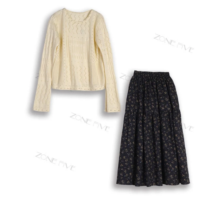 MT DISTORTION 慵懒风长袖针织镂空上衣碎花半身裙套装