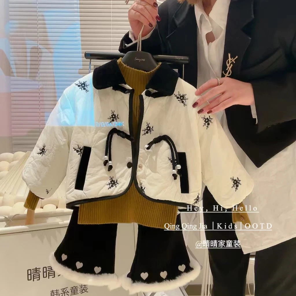 女童洋气花朵刺绣撞色娃娃领加厚包边保暖外套2025春装GC0383鱼