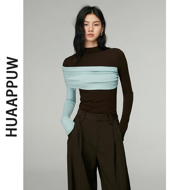 画朴美式半高领不规则拼色T恤女2025秋气质百搭修身显瘦打底衫ins