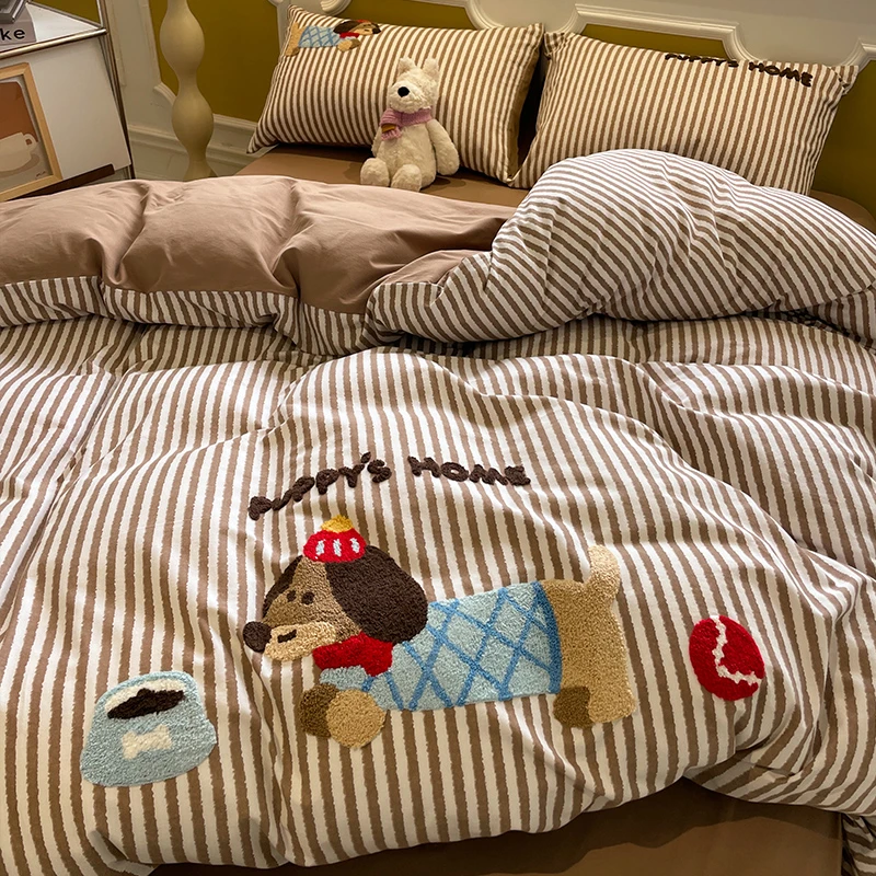 加厚纯棉磨毛床上四件套全棉卡通腊肠狗被套床单保暖宿舍三件套新