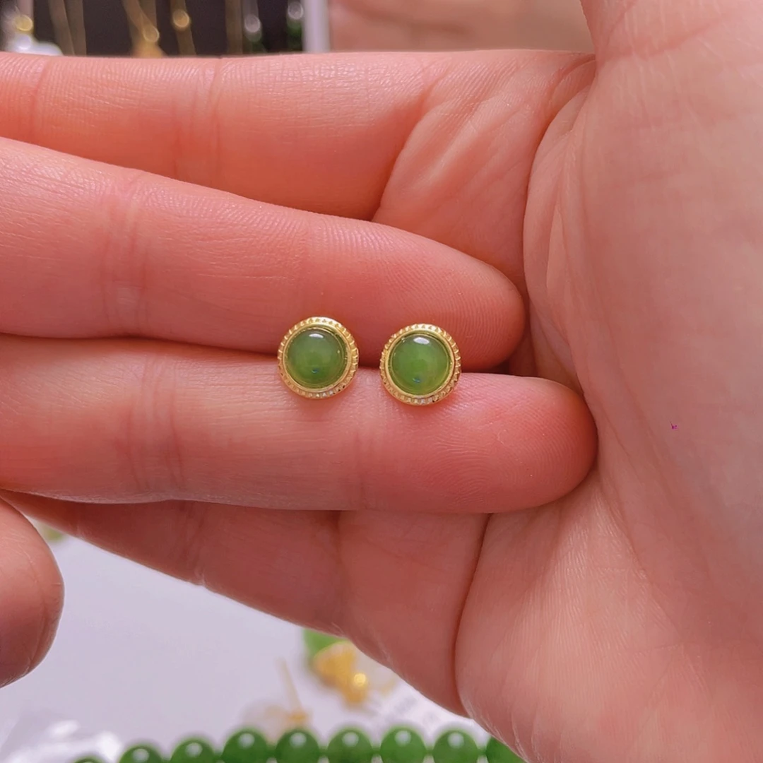 和田玉耳饰银S925镀金镶嵌