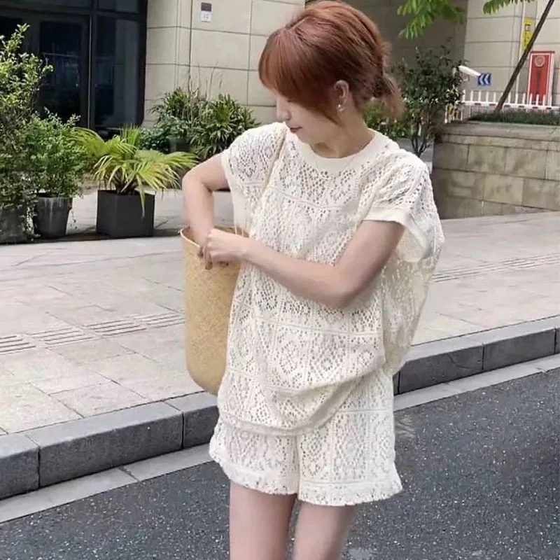 气质名媛短袖套装镂空设计高级感洋气纯色上衣时尚裤装轻熟女夏日