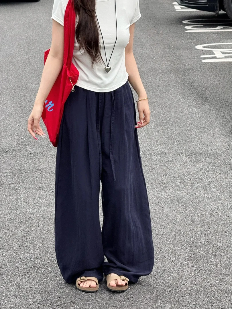 天丝亚麻阔腿裤子女夏薄款大码胖妹妹宽松显瘦梨形身材弯刀休闲裤