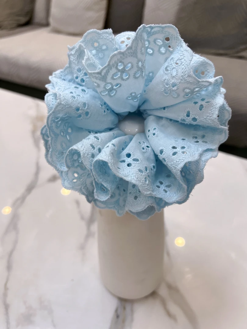 蓝色四层重工镂空棉质刺绣发圈（日韩发圈女手工甜美风蓝色清新）