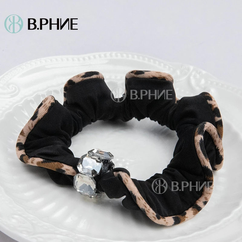 BB.【贝菲】黑色缎面豹纹花边钻发圈韩版优雅