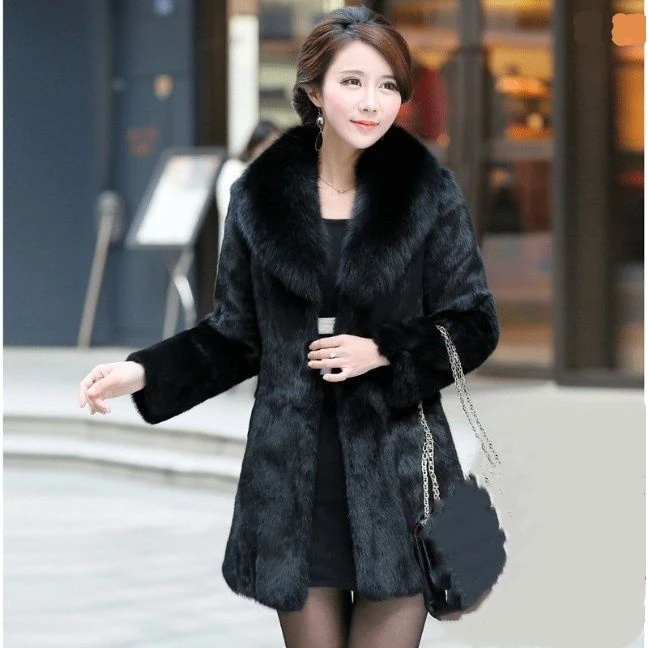 狐狸毛领大码女装海宁兔毛皮草外套中长款短款秋冬季妈妈皮毛一体