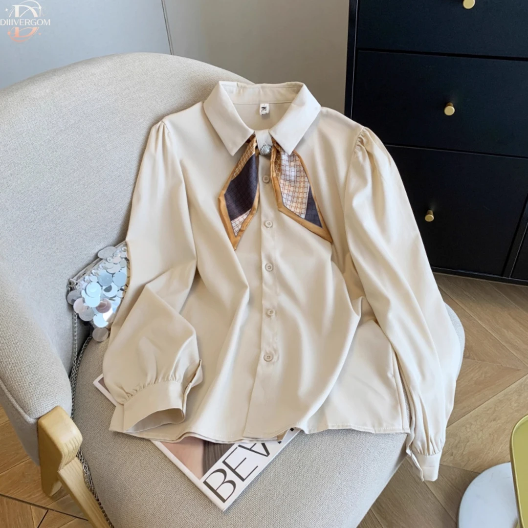 韩系休闲慵懒风洋气领带长袖雪纺衫女初秋法式气质显瘦设计感上衣