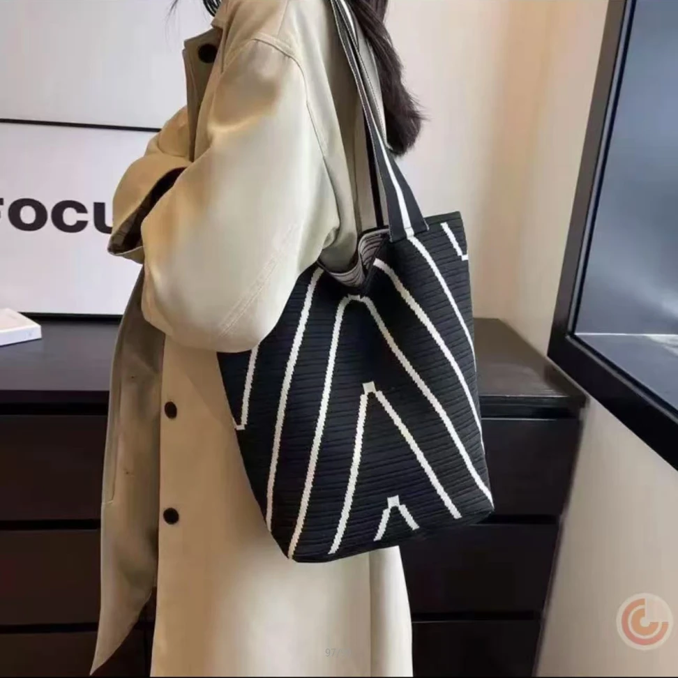 B-009大容量女条纹手提针织托特包外出便携收纳包韩版单肩包