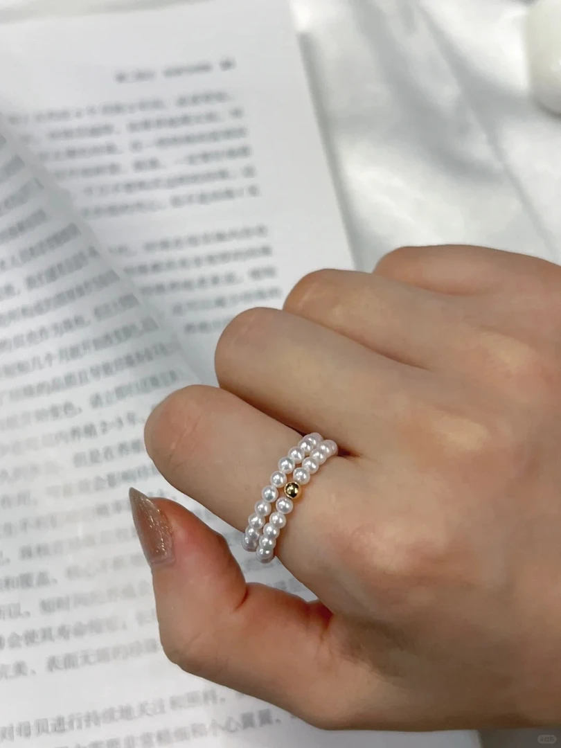 925银戒指 小米珠戒指 3-4mm 正圆 极光微微瑕疵时尚百搭贝珠经典