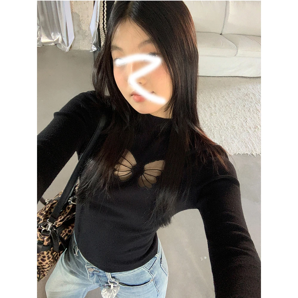 半高领辣妹复古蝴蝶镂空长袖上衣女秋冬设计感修身显瘦打底衫潮