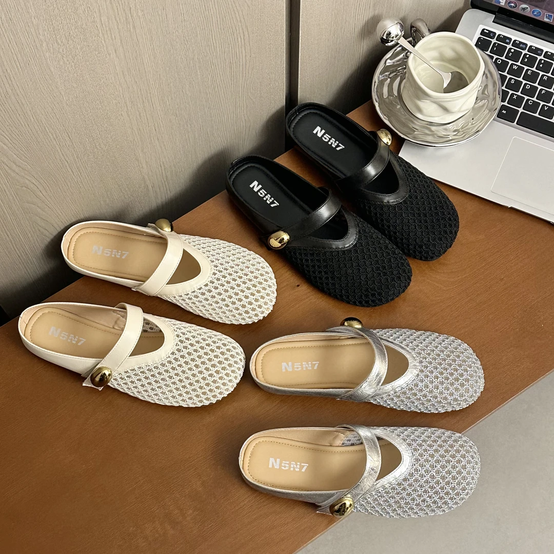 平底镂空百搭圆头夏包头拖包头约会小众休闲复古修面皮时尚