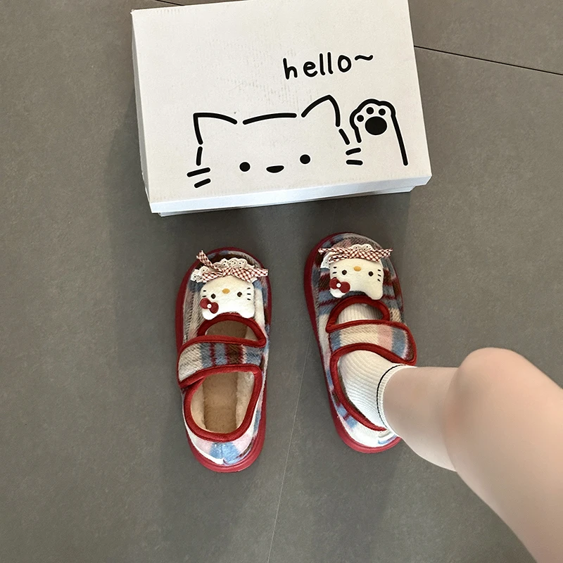 时尚复古俏皮可爱卡通大头猫格子棉拖鞋女2025冬季新款时尚毛毛鞋