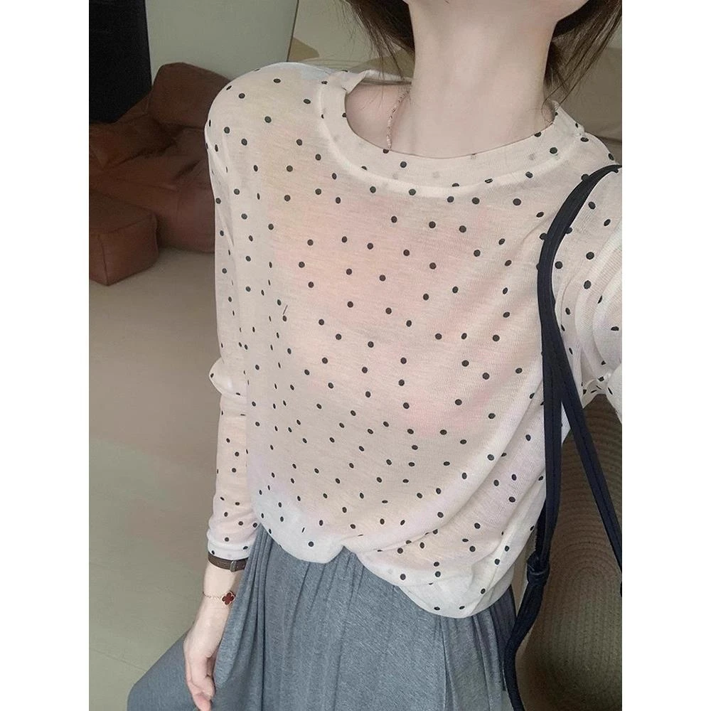 波点防晒罩衫女2024新款秋季薄款宽松慵懒风微透长袖T恤上衣